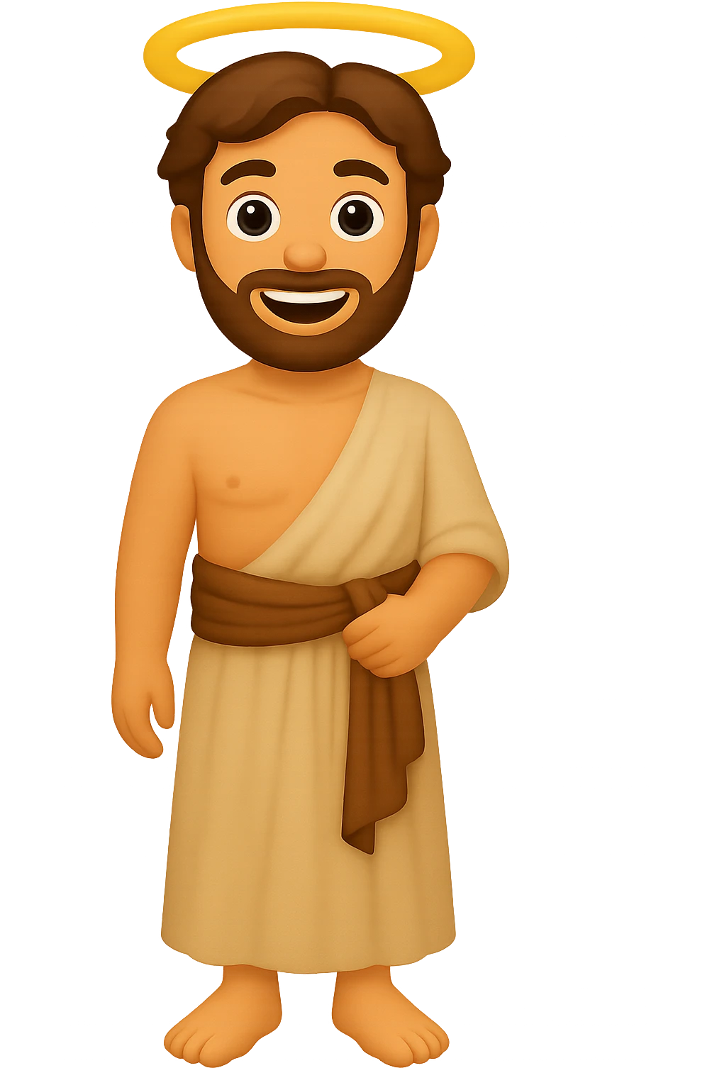 Create a centered full body image of apostle Peter in classic emoji style with lighter colors. He is shirtless, wearing plain robes, has an expressive face, smiling, with a halo, and no background. The style should reflect classic emoji aesthetics. emoji