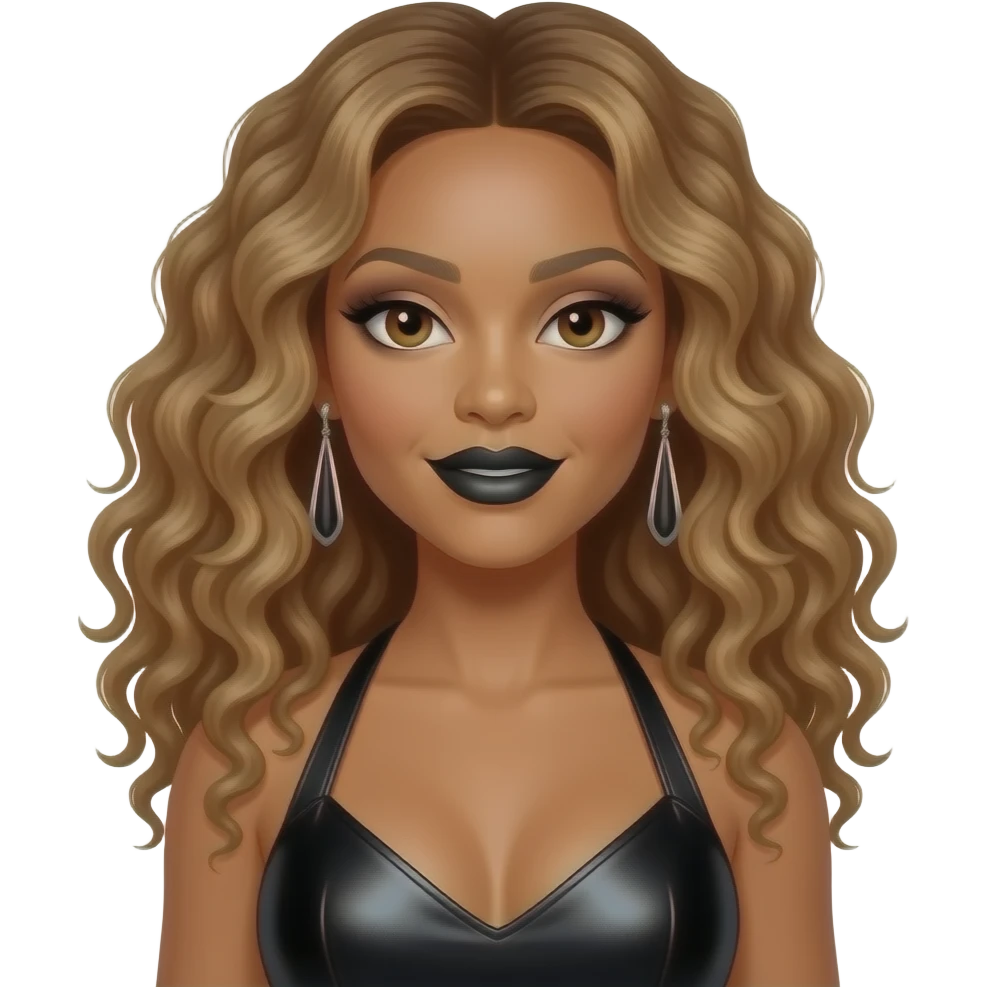 Beyonce from Destiny's Child with hazel eyes, long golden brown 1990s curly hair, black eyeshadow, black lipstick, black metallic halter dress, earrings emoji