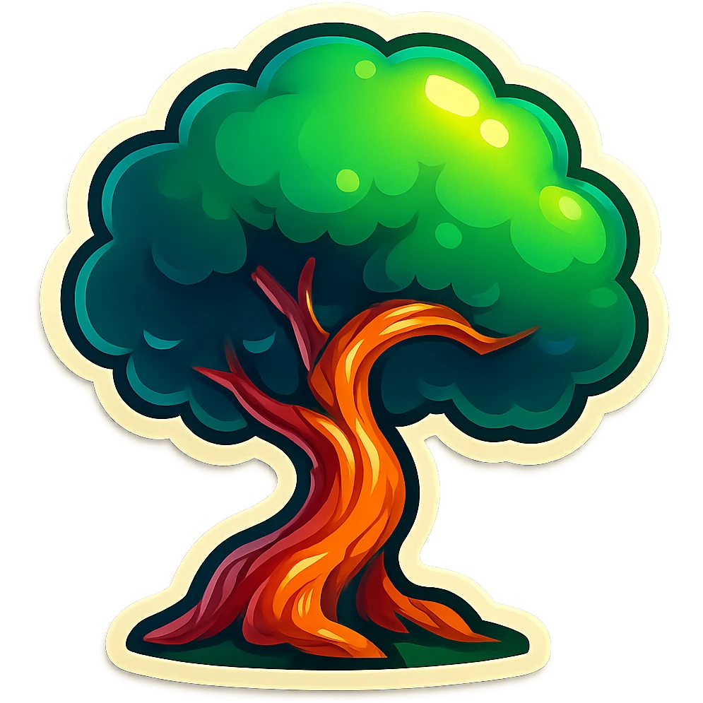 Create a tree as shown in the reference with simple drawing style, clear black outlines, distinct shadows and highlights, no smooth color transitions, in the retro stickers style. emoji