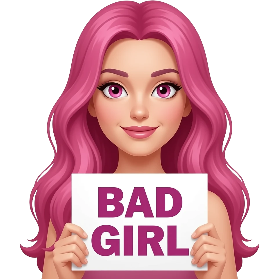 sexy girl with long pink hair and pink eyes wearing a holding a BAD GIRL sign emoji
