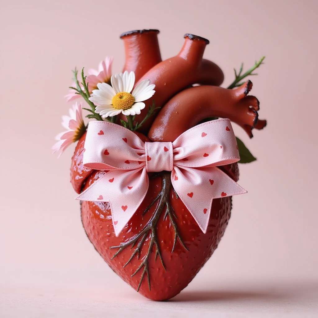 realistic heart with flowers, pink bow with heart pattern on the bow, photorealistic style emoji
