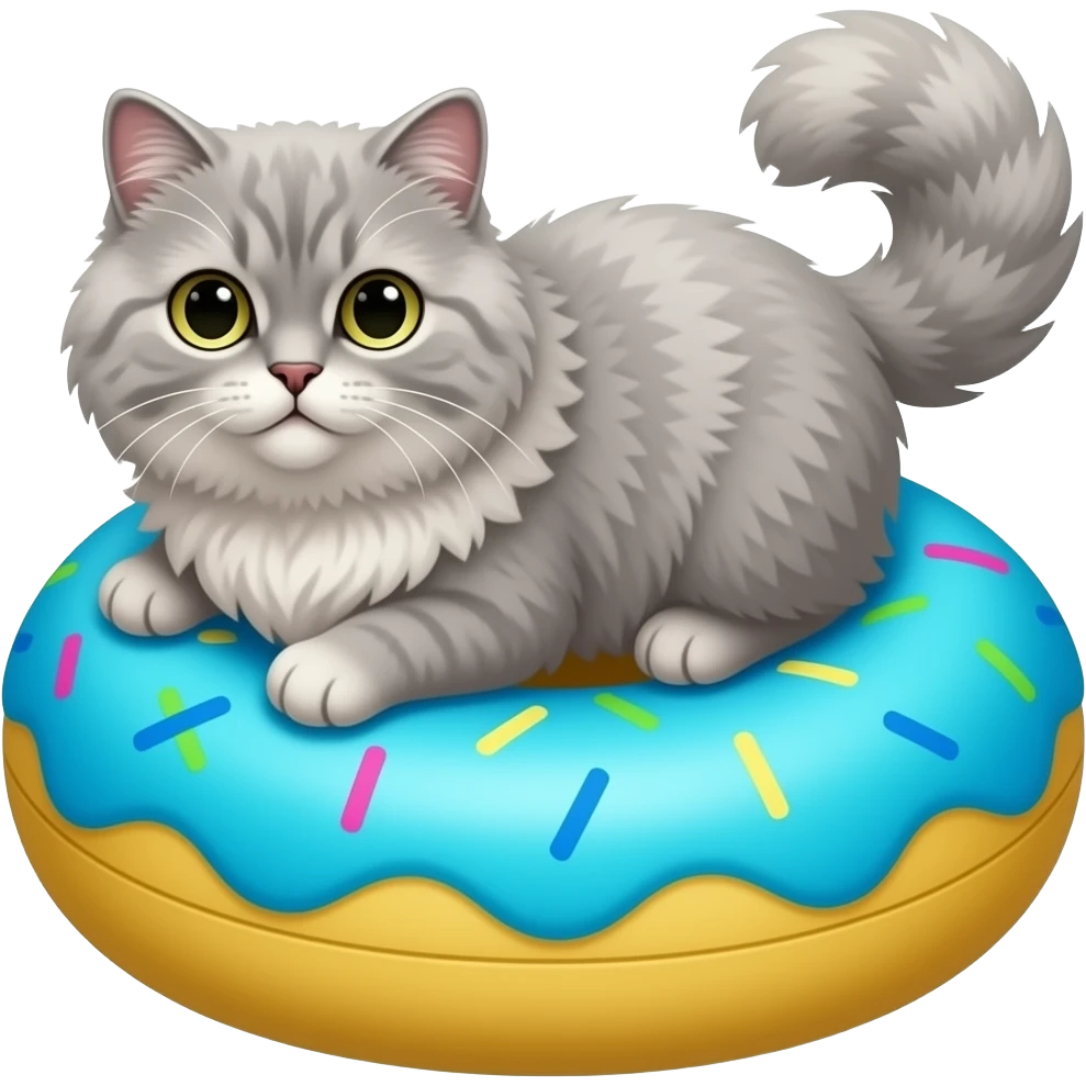 Grey Persian cat in a blue and yellow floating donut shaped pool toy emoji