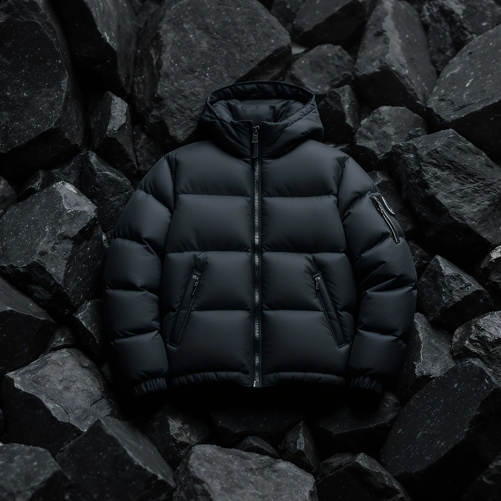cinematic still of a black puffer jacket around black stone environment emoji