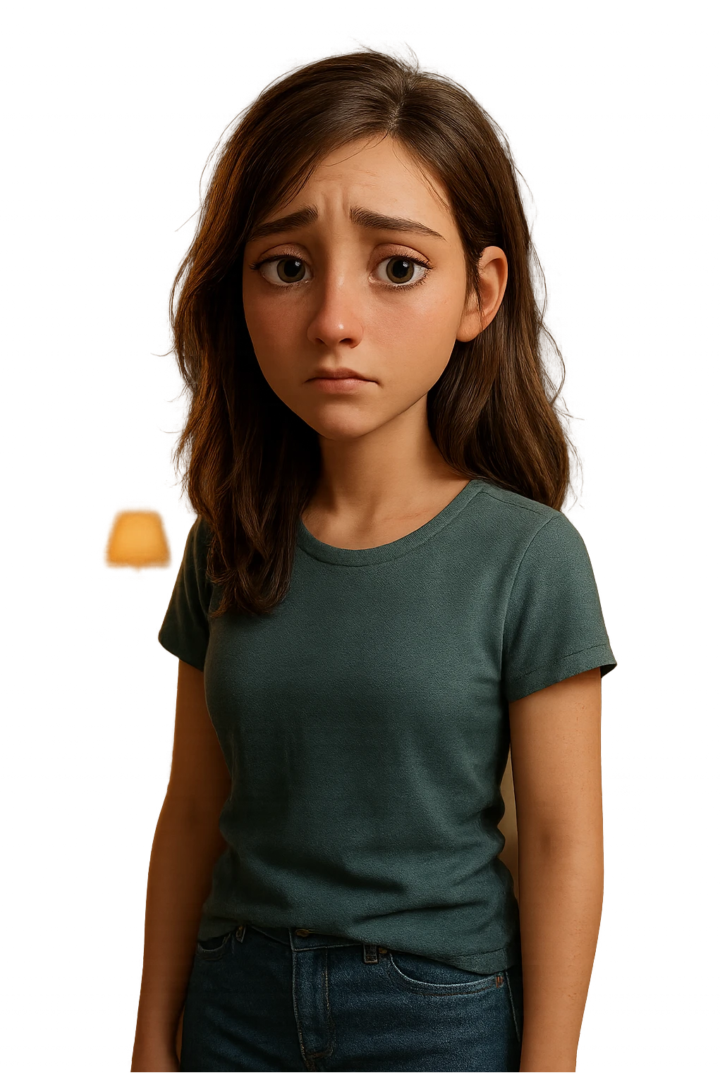Modello 3D di personaggio femminile in stile Pixar/Blender, anatomia realistica e proporzionata, espressione facciale malinconica ma espressiva, rig per animazioni emotive, texturing skin realistico ma stilizzato, capelli con physics dinamici, vestiti casual modellati con cloth simulation, illuminazione soft e cinematografica, ambiente camera da letto 3D dettagliato, rendering Cycles con subsurface scattering per pelle naturale emoji