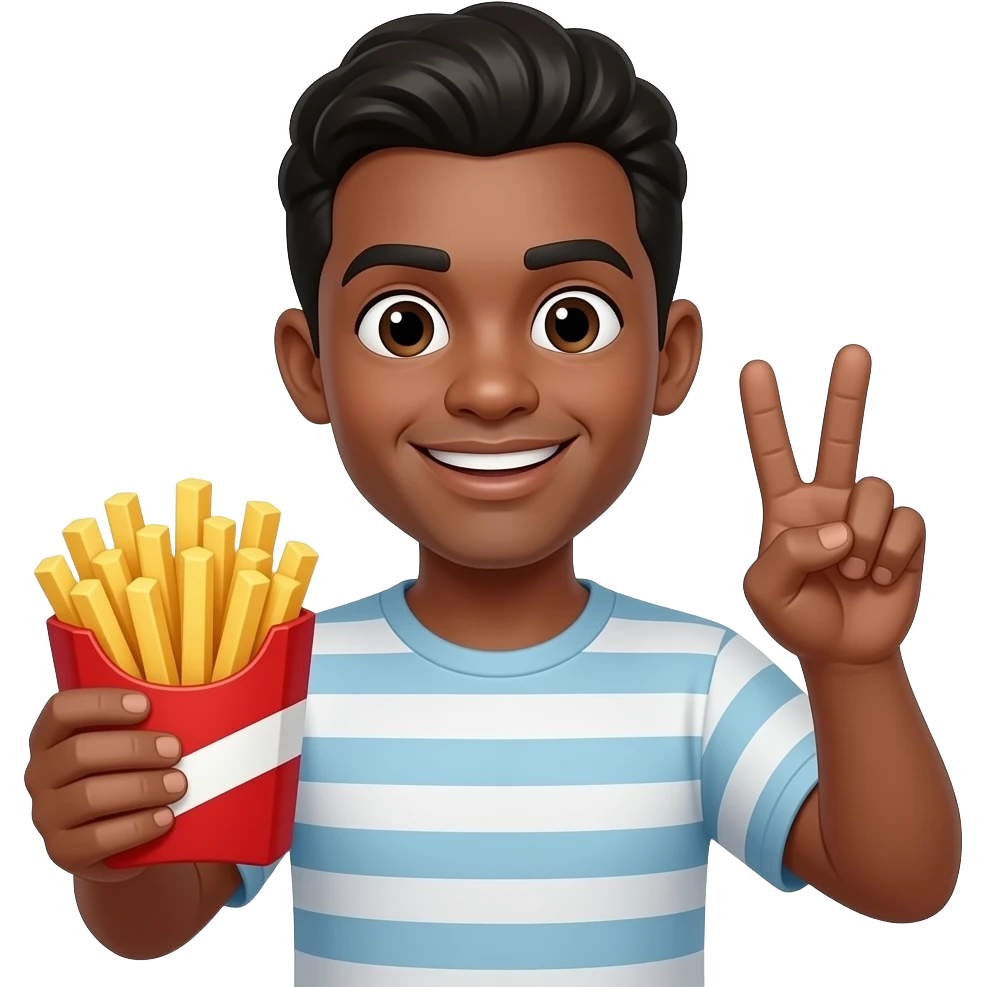 brown skin man with black hair holding fries in his left hand and making a ✌🏾 sign with his right hand emoji