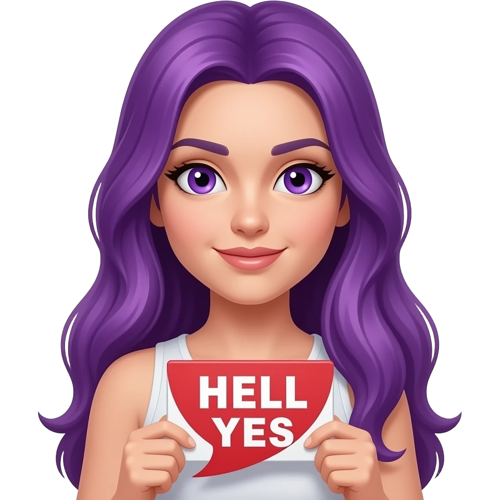 sexy girl with long purple hair and purple eyes holding a HELL YES sign emoji