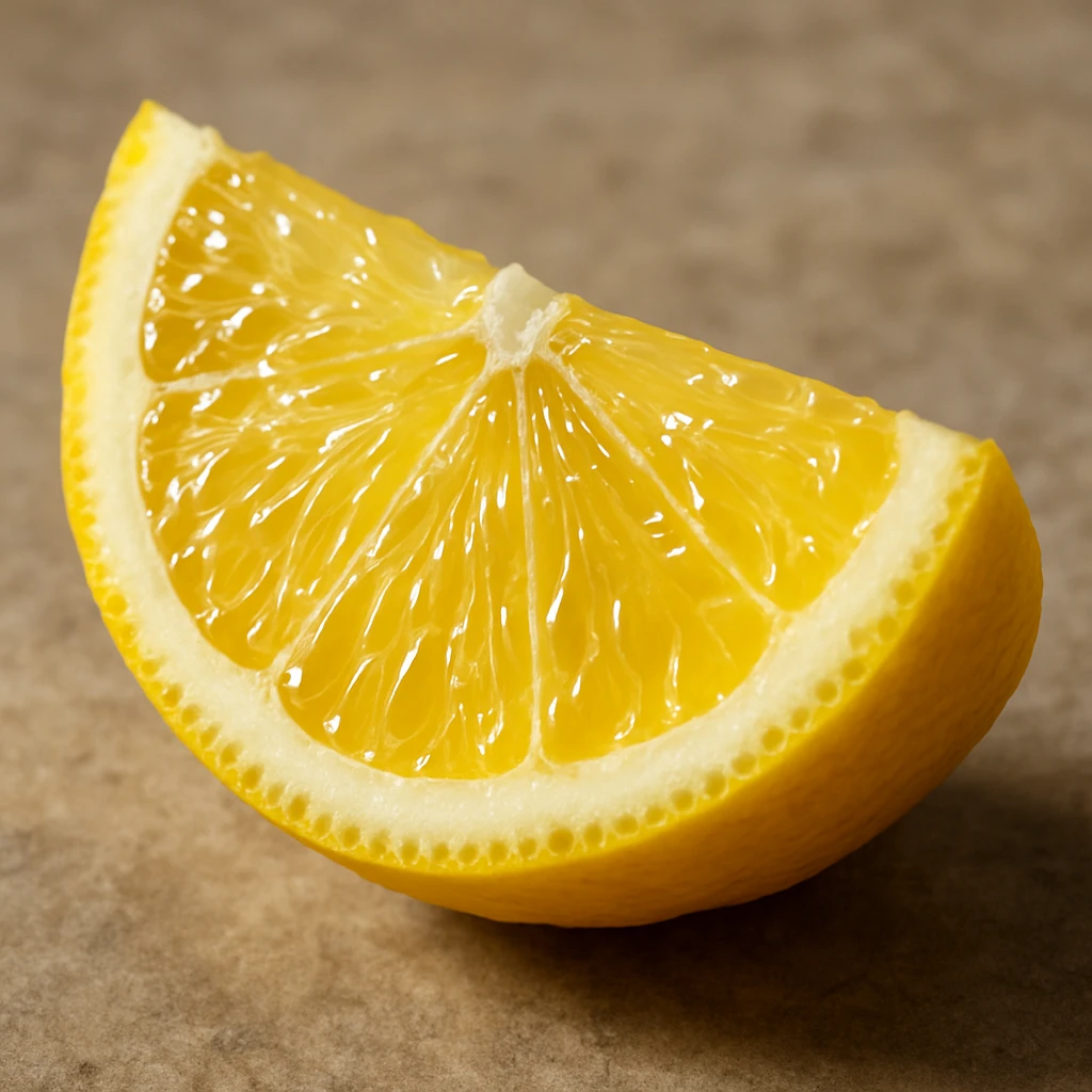 realistic lemon wedge, close-up view, translucent pulp, bright reflections emoji