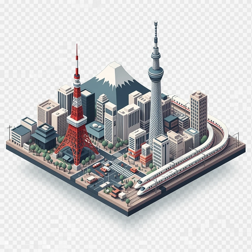 Isometric minimalistic illustration of Tokyo, with Tokyo Tower, Skytree, Shibuya Crossing, Mount Fuji in background, high-speed trains, subtle 3D miniature effect and Tilt Shift effect, no cartoonish look, transparent background. emoji
