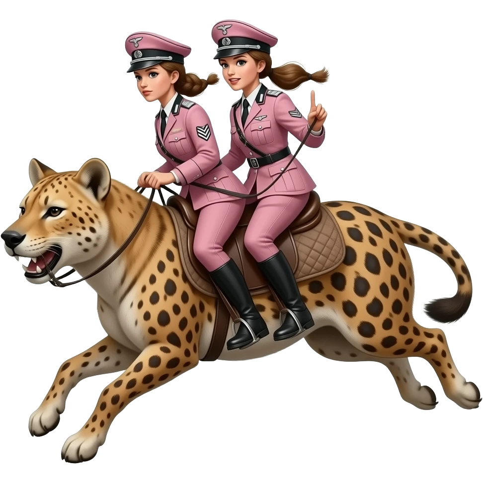 steampunk - Two skinny and dirty female riders in pink German Army uniforms from World War II ride jumping on large tattooed hyenas in a messy composition. emoji