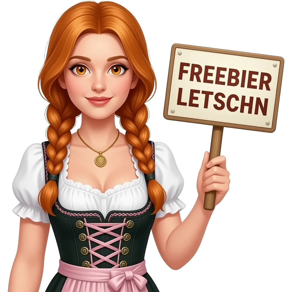 sexy girl with overlong ginger hair in braids and ginger eyes wearing a dirndl holding a FREIBIER LETSCHN sign emoji