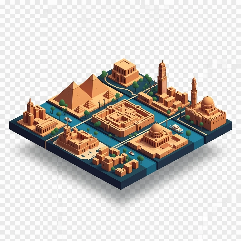 Isometric minimalistic illustration of Cairo, subtle 3D miniature effect and Tilt Shift effect, no cartoonish look, transparent background. emoji