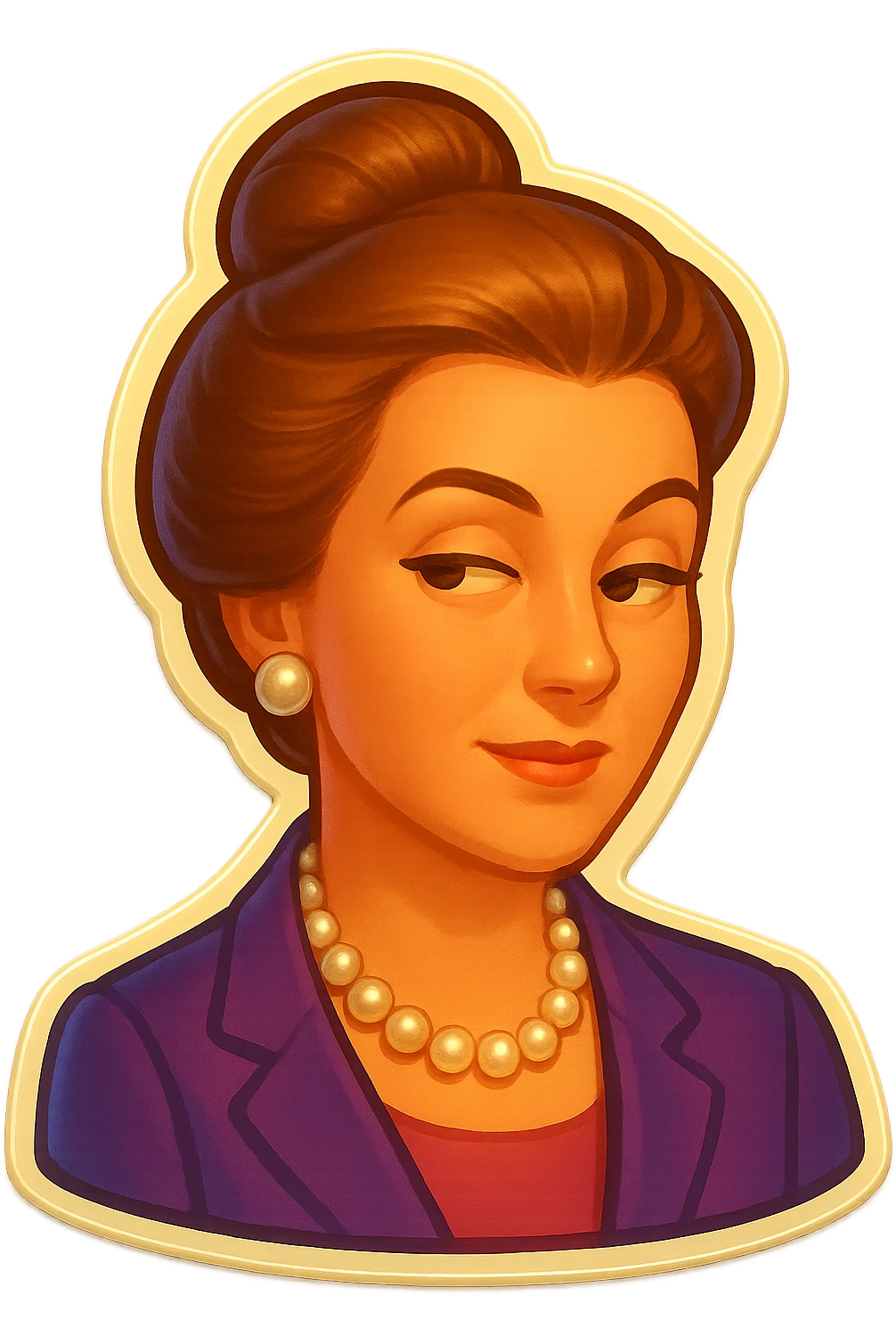 Make the old money lady look younger while maintaining her elegant style, with her hair up, pearls, and a sophisticated expression. Keep the transparent background. emoji