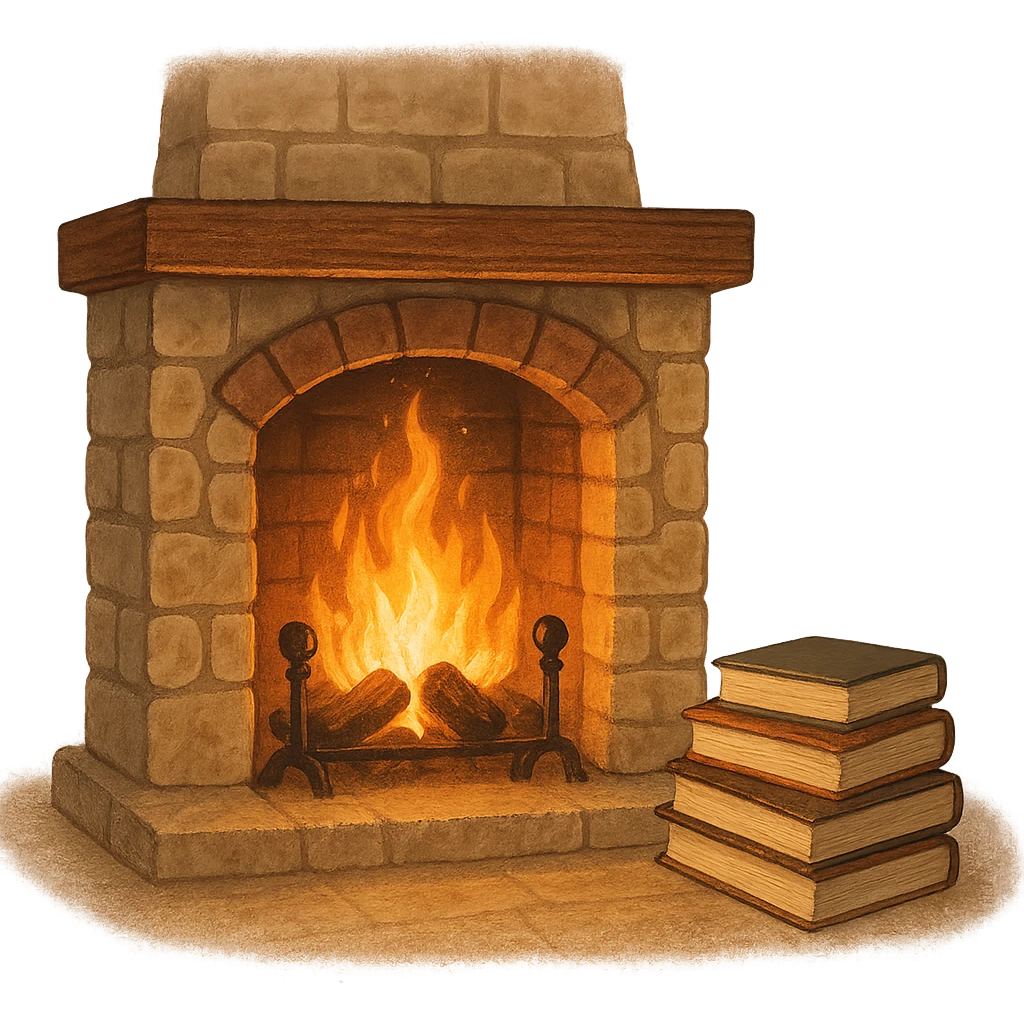 cozy fireplace with a stack of books, warm glow emoji