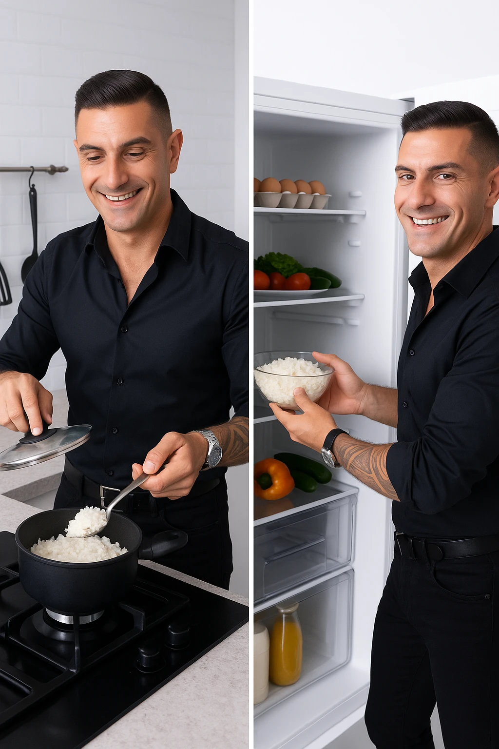 Uomo che cucina riso e mette la ciotola poi nel frigo emoji
