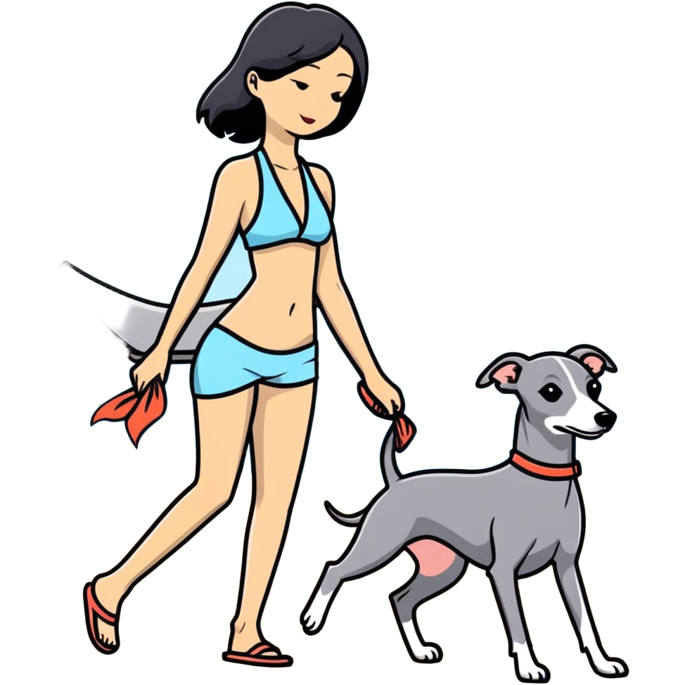 Slim Chinese woman with long black hair in appropriate beach attire at the beach with her completely solid grey Italian greyhound, the dog has absolutely no white markings anywhere, not on face or paws, solid grey color throughout entire body emoji