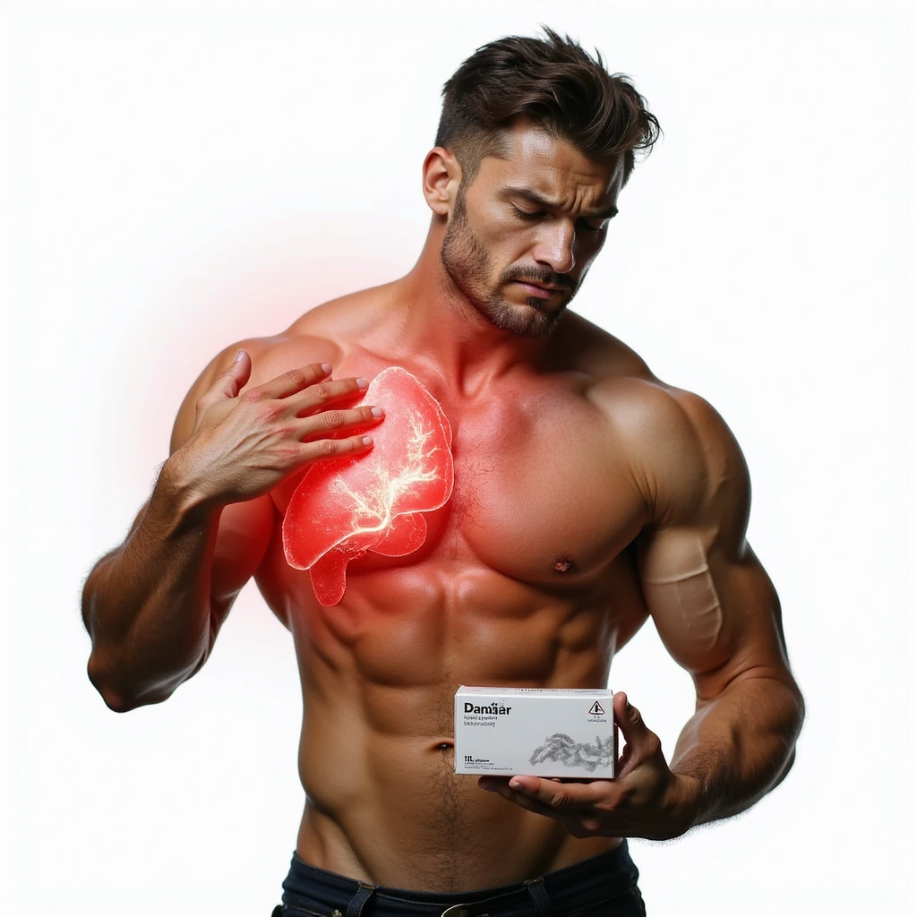 bodybuilder showing liver area with red halo and danger symbol, holding a box of oral anabolic steroids, pained expression, realistic details, isolated on white background emoji