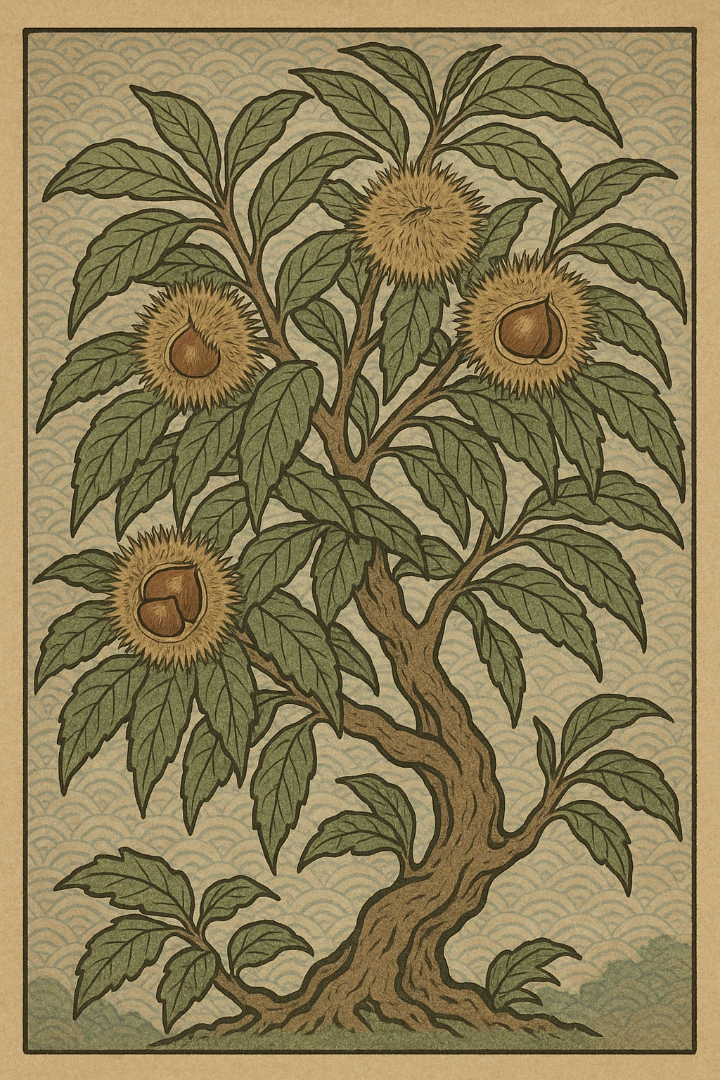Chinese chestnut tree with visible chestnuts, ukiyo-e style emoji