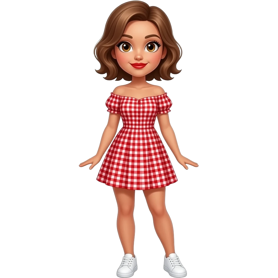 glamours,-tanned,-very-beautiful-girl,-with-big-plump-red-lips,-long-long-lashes,-honey-silky-very short- hair,-wavy-hair,-hazel-eyes- wearing- red-gingham-frill - dress- white-sneakers-shrugging-shoulders-full-body emoji
