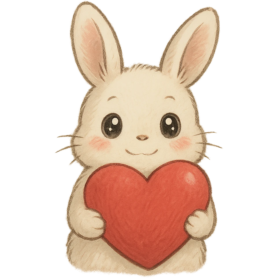 white bunny holding a big heart with sparkling eyes, soft ghibli style emoji