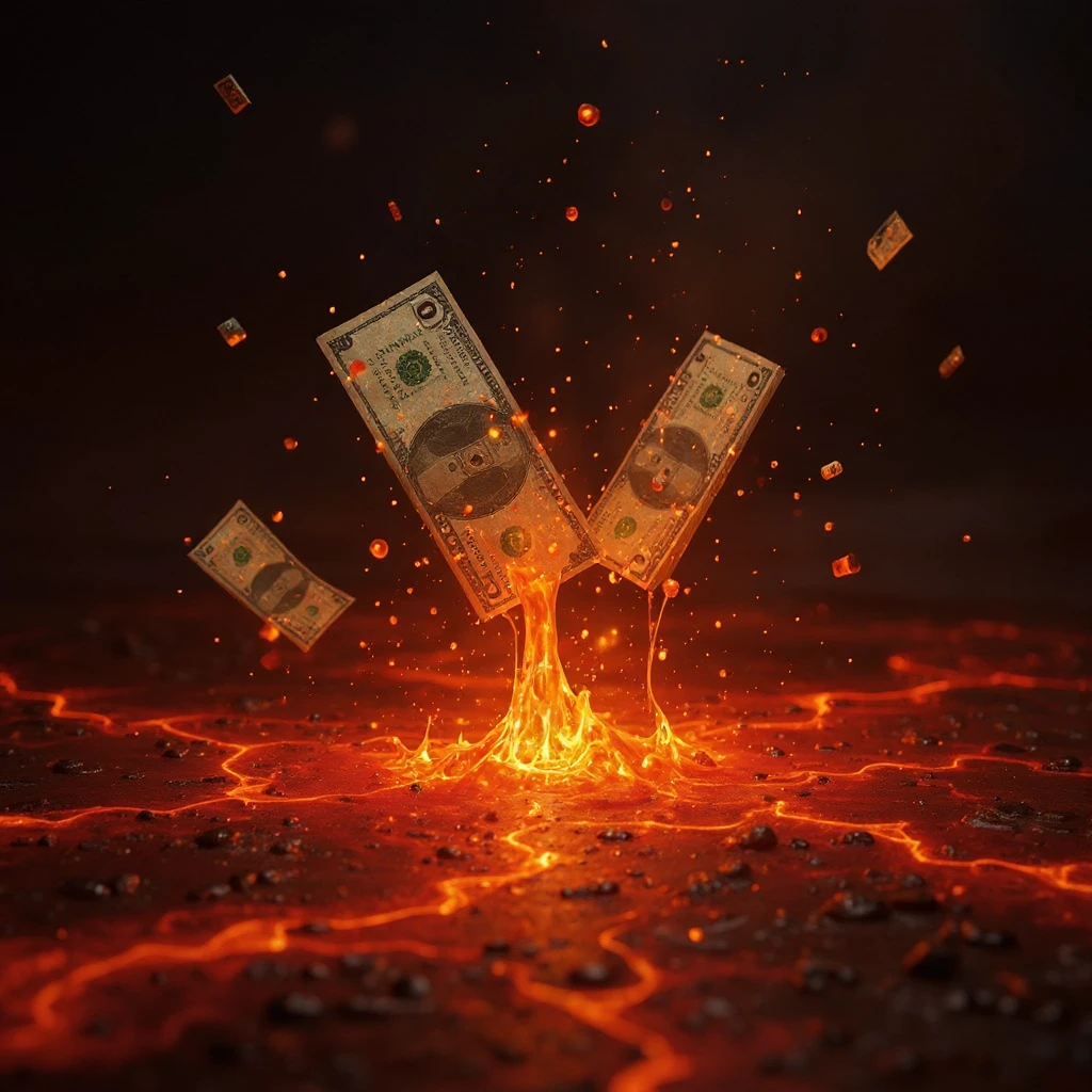 Transform the stacks of money into a scene where the money is flowing like lava, with a molten, liquid effect. The money should look real and the lava effect should be vivid and dynamic, in a realistic, photorealistic style. emoji