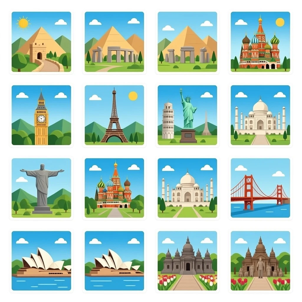 Wonders of the world: Pyramids, Great Wall, colosseum, Stonehenge, st. Basil’s cathedral, Taj Mahal, leaning tower of pisa, Big Ben, Eiffel Tower, Statue of Liberty, Machu Picchu, Cristo redentor, hagia Sophia, Golden Gate Bridge, Sydney opera house, keukenhof park, Angkor wat, and terracotta army emoji