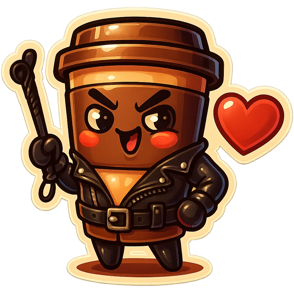 Tall coffee cup, dressed in leather holding a whipping paddle, mischevious, heart emoji