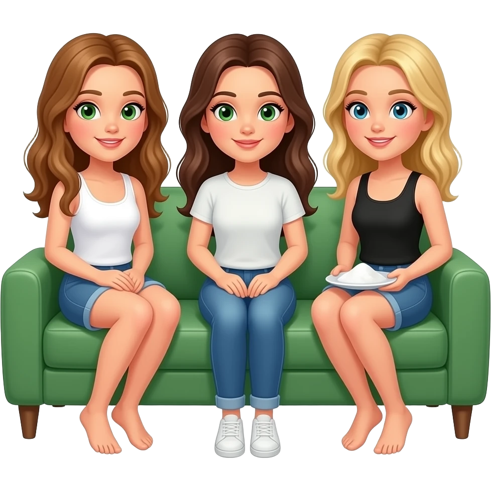 Three girls sitting on a green sofa with white powder on a plate on her lap. One brownish blonde hair long and green eyes with white tank top, one brunette, and one brown hair with blonde highlights emoji