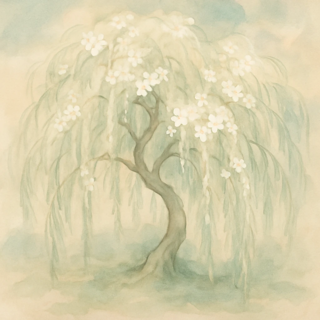 willow tree with white blossoms, stylized, soft colors emoji