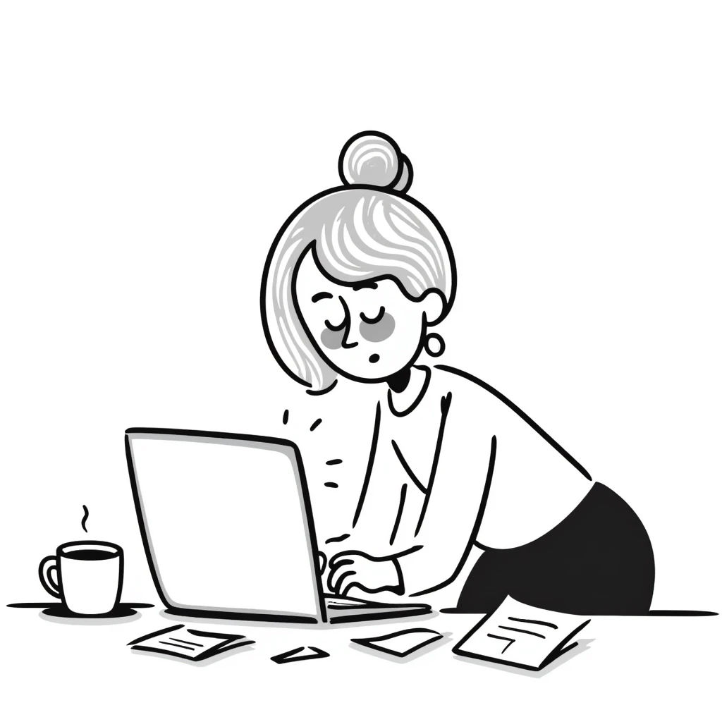 Exhausted blonde woman employee working on a laptop emoji