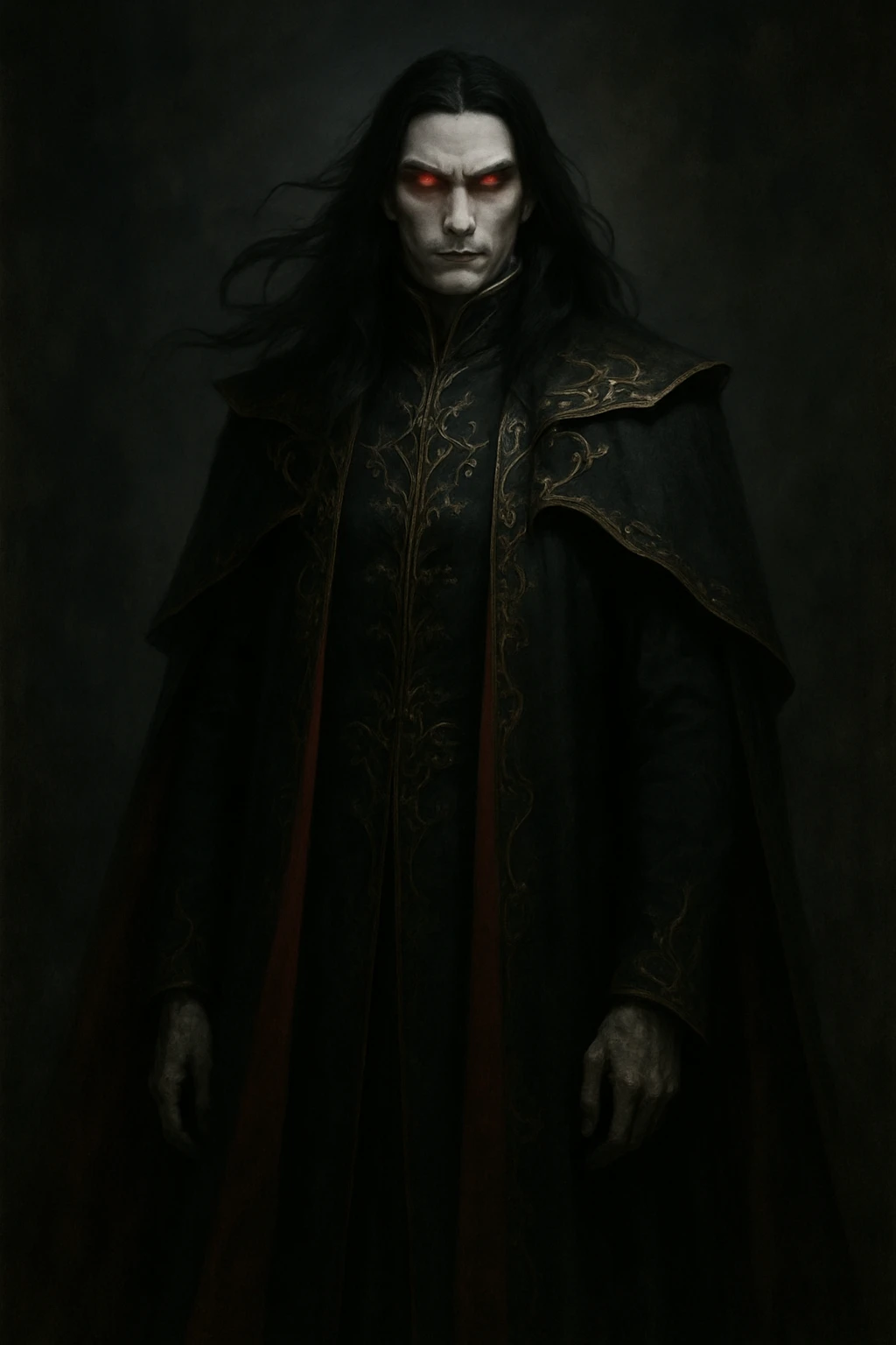 tall, imposing figure with long, flowing black hair and piercing red eyes that glow with supernatural intensity. Pale skin contrasts with dark, regal attire—a floor-length black and red cloak with ornate gold embroidery. Exudes nobility and menace, with sharp, angular features and a cold, stoic expression that masks deep rage. emoji