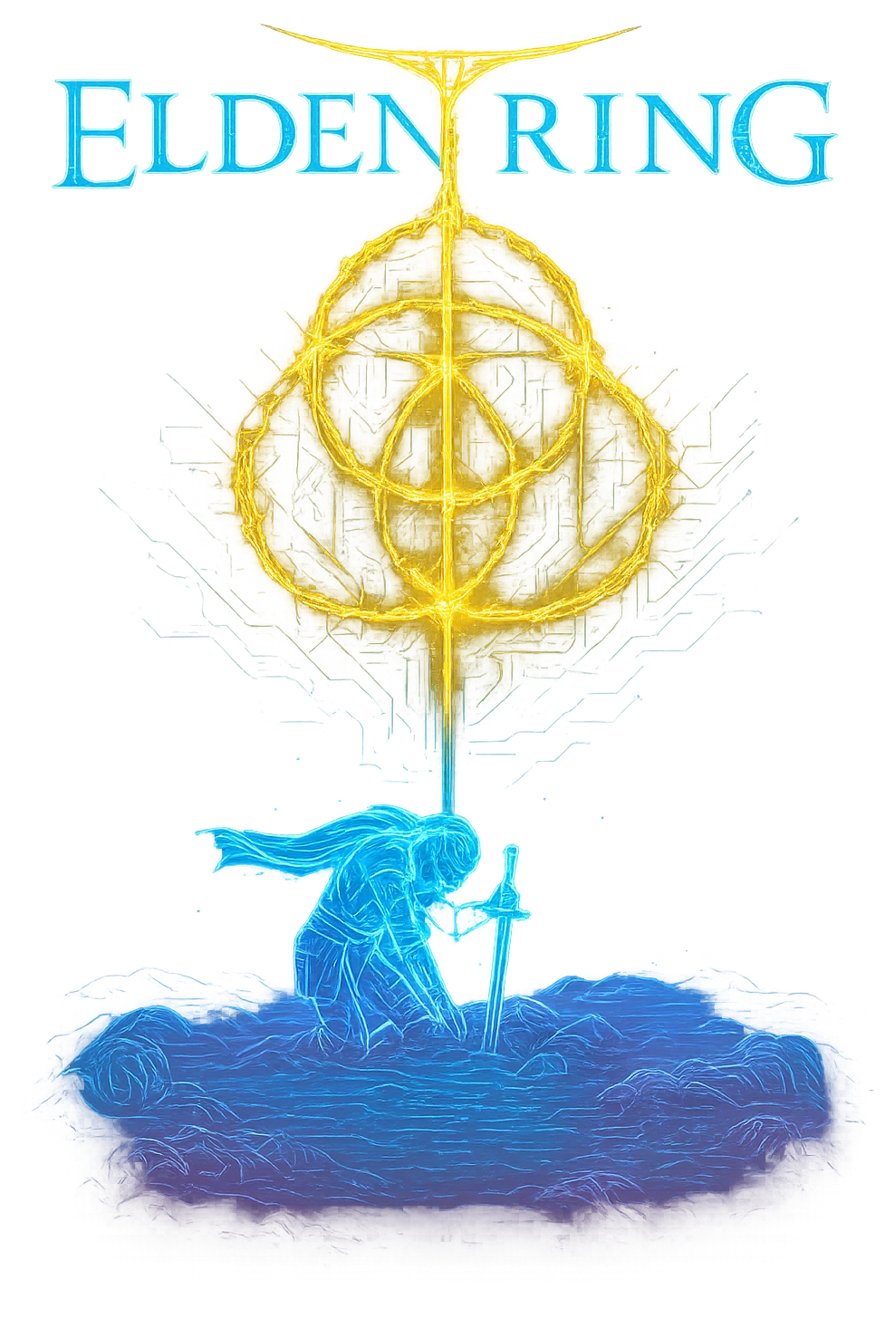 Create a cyberpunk, holographic version of the Elden Ring logo scene. Show the glowing Elden Ring symbol in the sky, with the Tarnished crouched down holding a sword beneath it. Use glowing neon blue, gold, and pink edges, with circuit patterns and a transparent background. The style should be futuristic, clean, and consistent with previous cyberpunk icons, capturing the epic, moody atmosphere of the original image. Do not include the words 'Elden Ring'. emoji