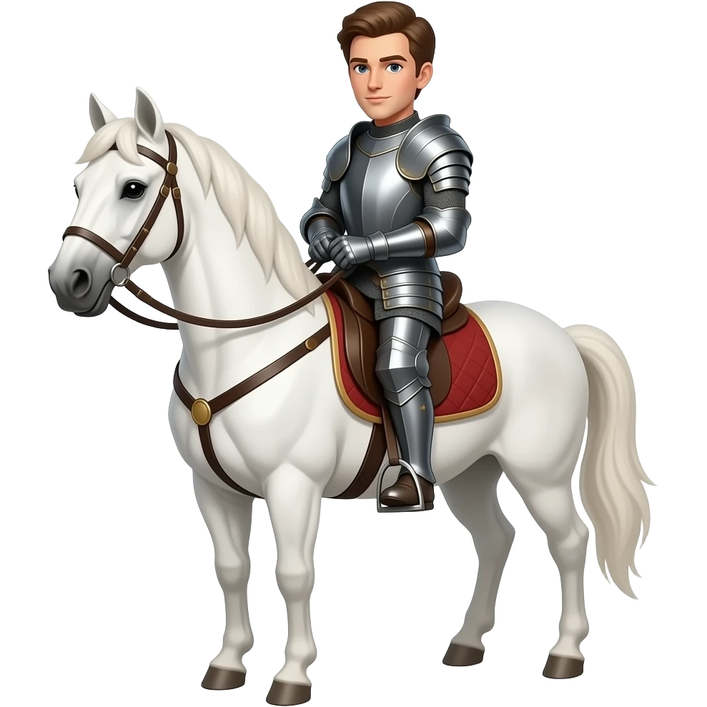 Knight in armot on white  horseback showing handsome face emoji