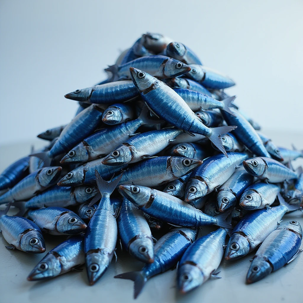 large, realistic pile of blue fish, loosely pyramid-shaped, not a perfect triangle, photorealistic style, variation 3 emoji