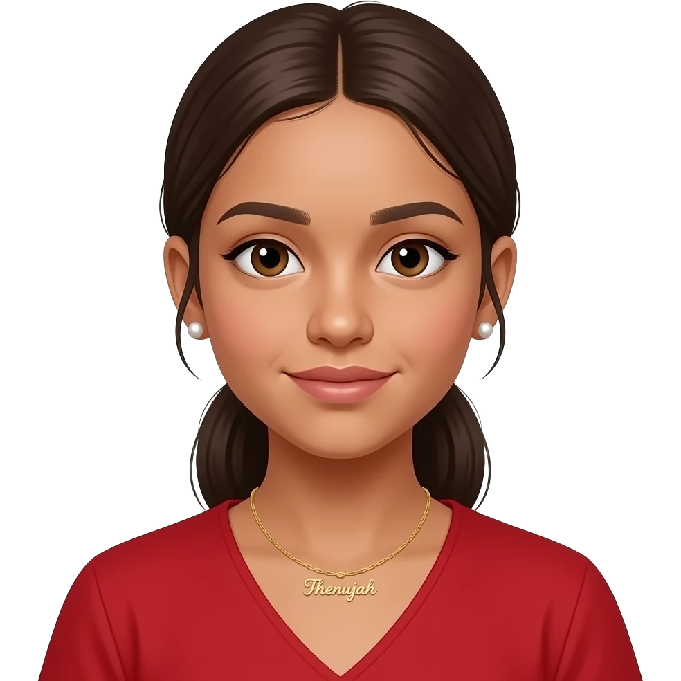 Make a girl that looks real and not 100% AI generated. A girl with light brown skin with low ponytail put it in front. She has pearl earrings and a necklace that says ‘Thenujah’ in cursive gold. She is skinny make her face a v shape. She is wearing red. She is 12 years oD emoji
