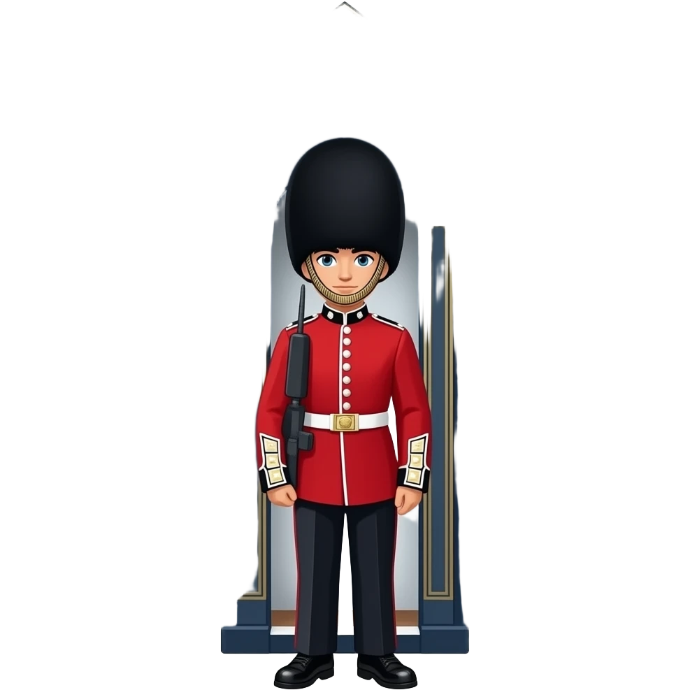 British royal guard in red uniform with iconic tall black hat, London palace style emoji