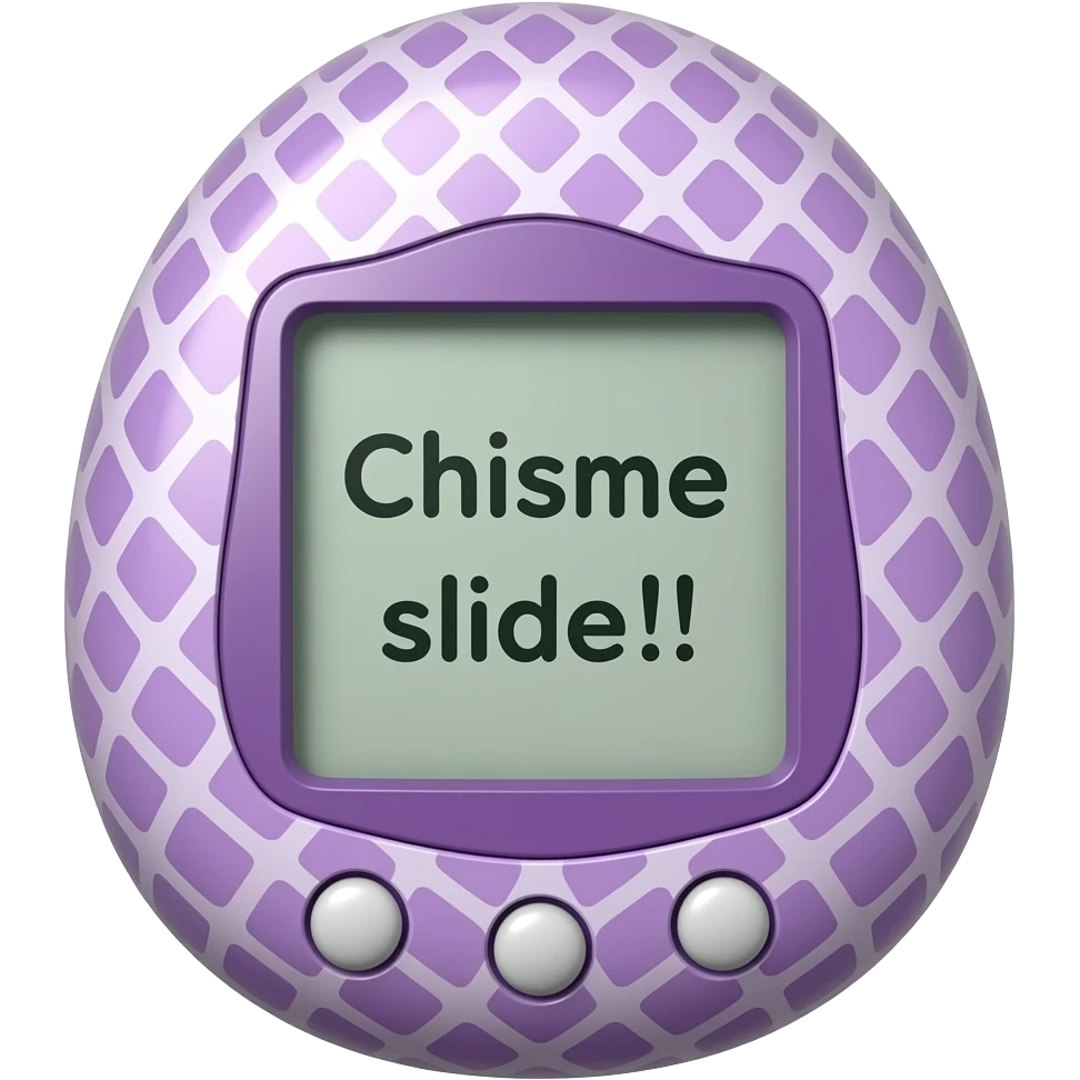 lilac  tamagotchi with patterns on outside that says Chisme slide!!! on the sreen emoji