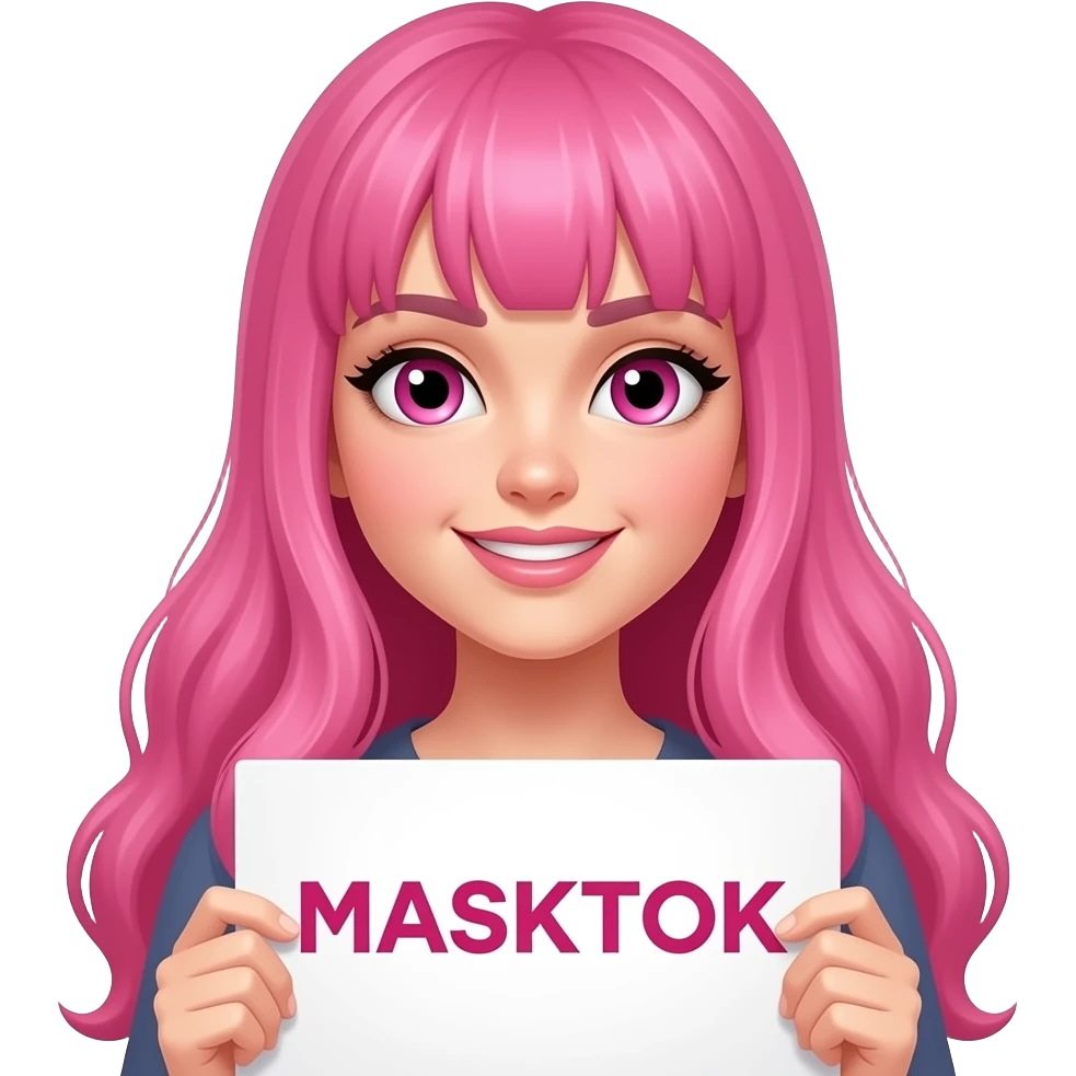 sexy girl with long pink hair and pink eyes holding a MASKTOK sign emoji