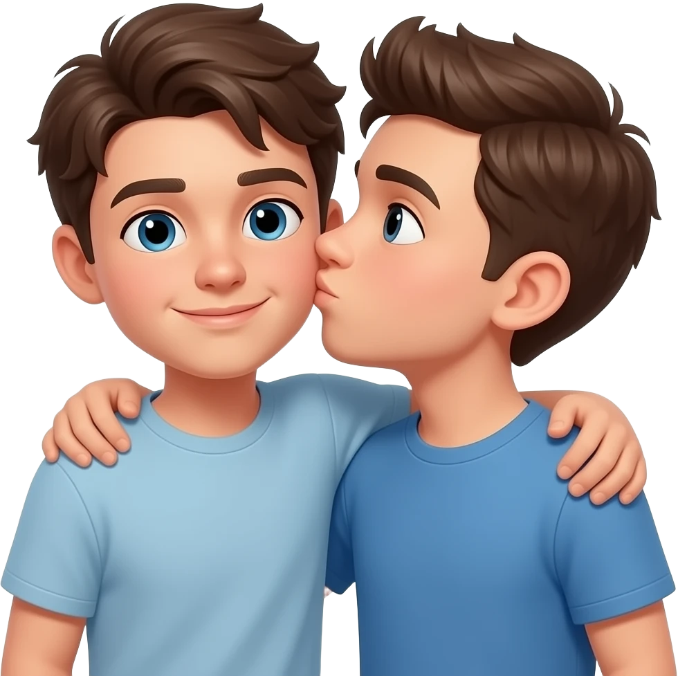 Erstelle ein Emoji von zwei Brüder, der eine um die 19 und der andere um die 22, der älter Bruder legt sein Arm über sein jüngeren Bruder und küsst ihn auf die Wange und sie sind Oberkörper frei emoji
