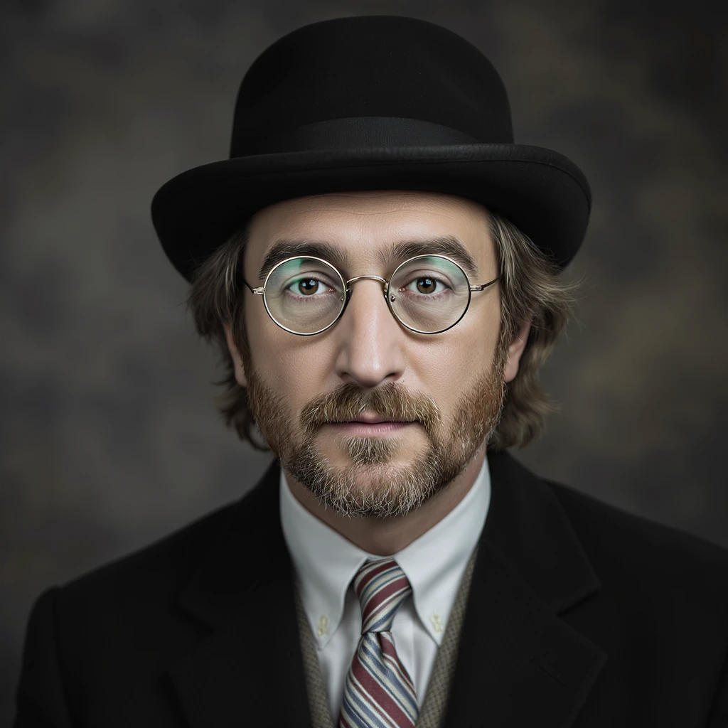 realistic style portrait of John Lennon wearing a bowler hat, soft lighting, photorealistic emoji