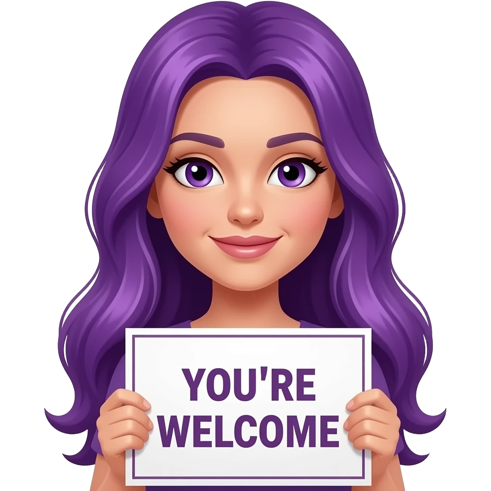 sexy girl with long purple hair and purple eyes holding a YOU'RE WELCOME sign emoji