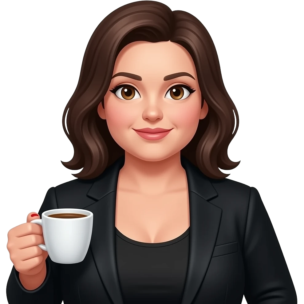 chubby white woman with dark brown shoulder length hair  and brown eyesin a black suit and tank top with red fingernails holding a cup of coffee emoji