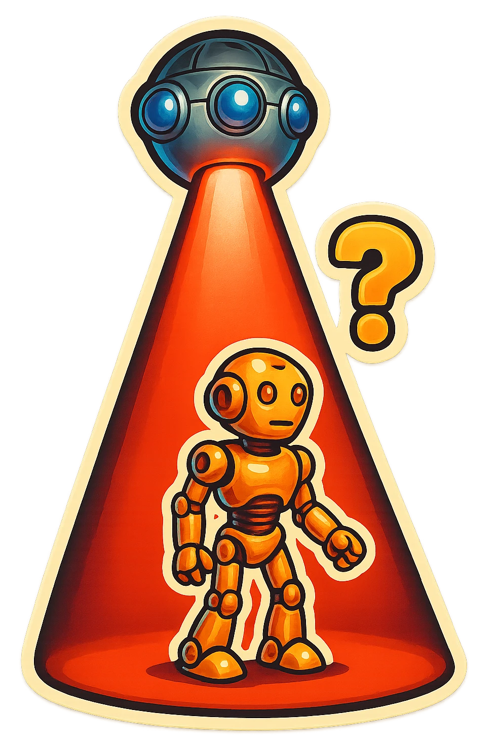 new character...robot being hit with a red beam by a flying robot emoji