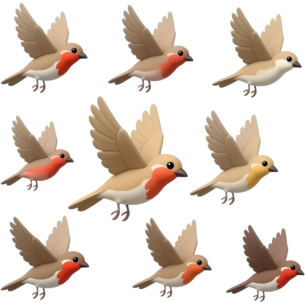 A wings spread out 3D render iPhone emoji icon of a detailed Brown and red color 3D Render iPhone emojis of a flock of brown and red color songbirds flying in the air emoji