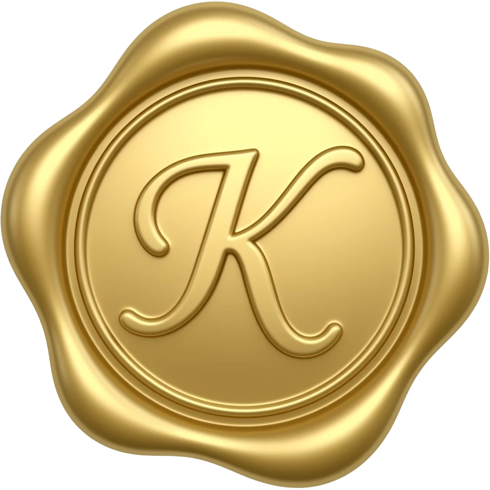 ختم شمعي دائري بلون ذهبي ميتاليك فاخر، يتميز ببروز حرف "K" في المنتصف بخط انسيابي وأنيق. يظهر الختم بمظهر كلاسيكي ذو أطراف طبيعية غير منتظمة، مما يعطيه طابعاً رسمياً وجمالياً يستخدم عادةً في تزيين الرسائل والطرود الراقية emoji