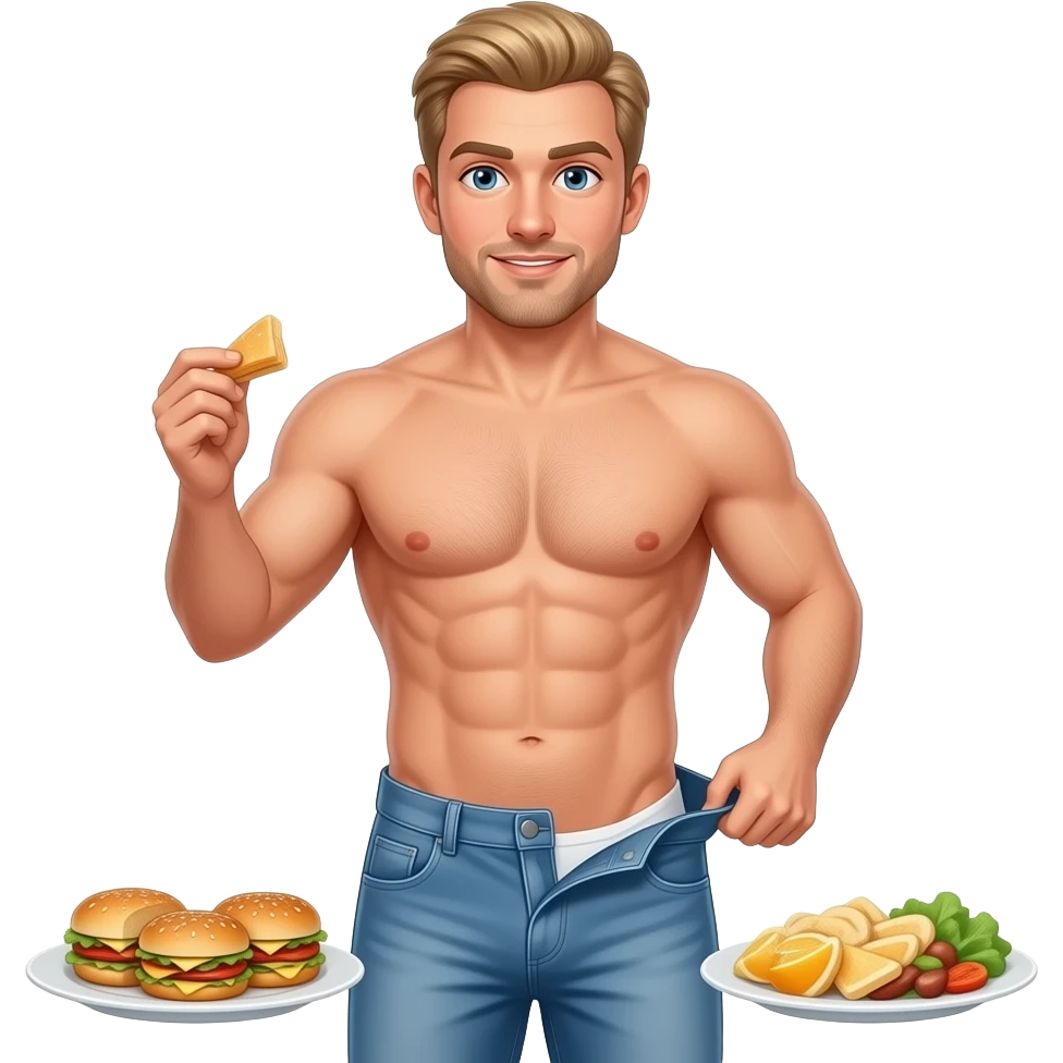Man naked push pants blonde and pick food. emoji