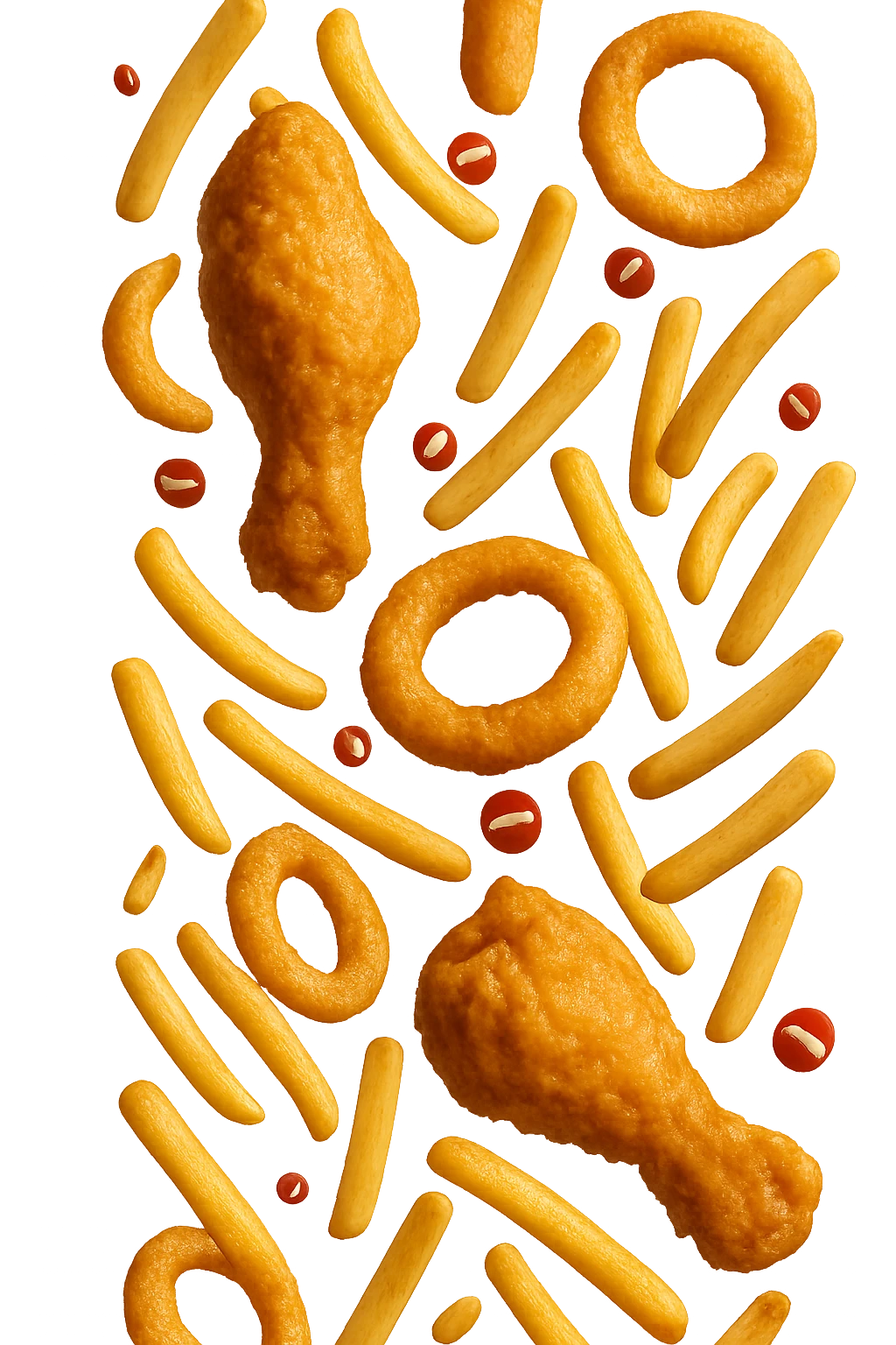 cibi fritti cadono verticalmente dall'alto con piccoli divieti in 3d, iperrealistico 4k emoji