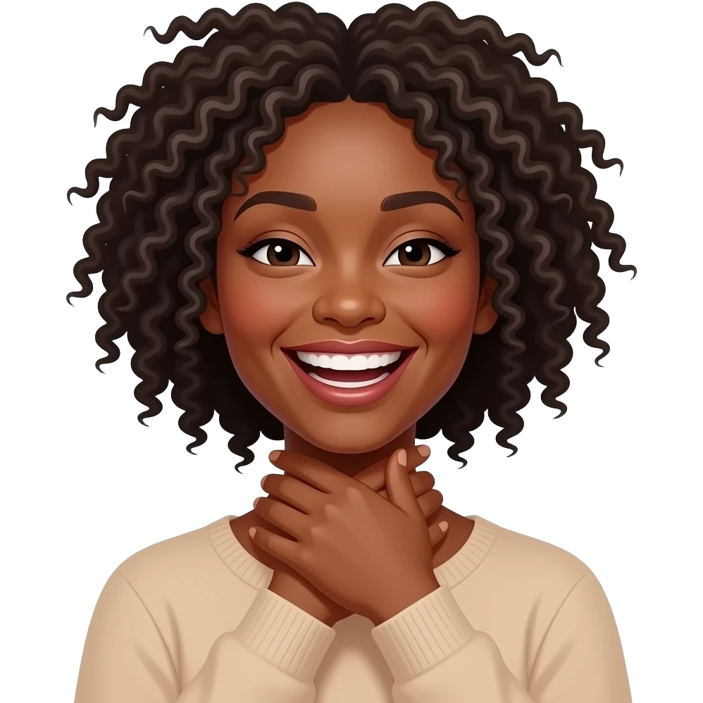 Black woman with hands crossed holding  on to their neck gently and laughing emoji