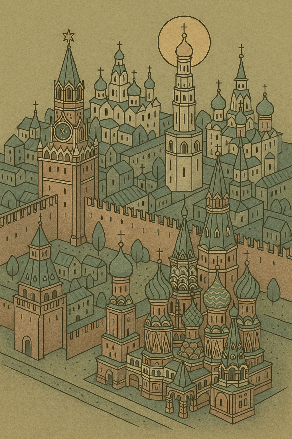 Isometric miniature 3D city with iconic landmarks of Moscow, colorful stylized buildings, cartoon realism emoji