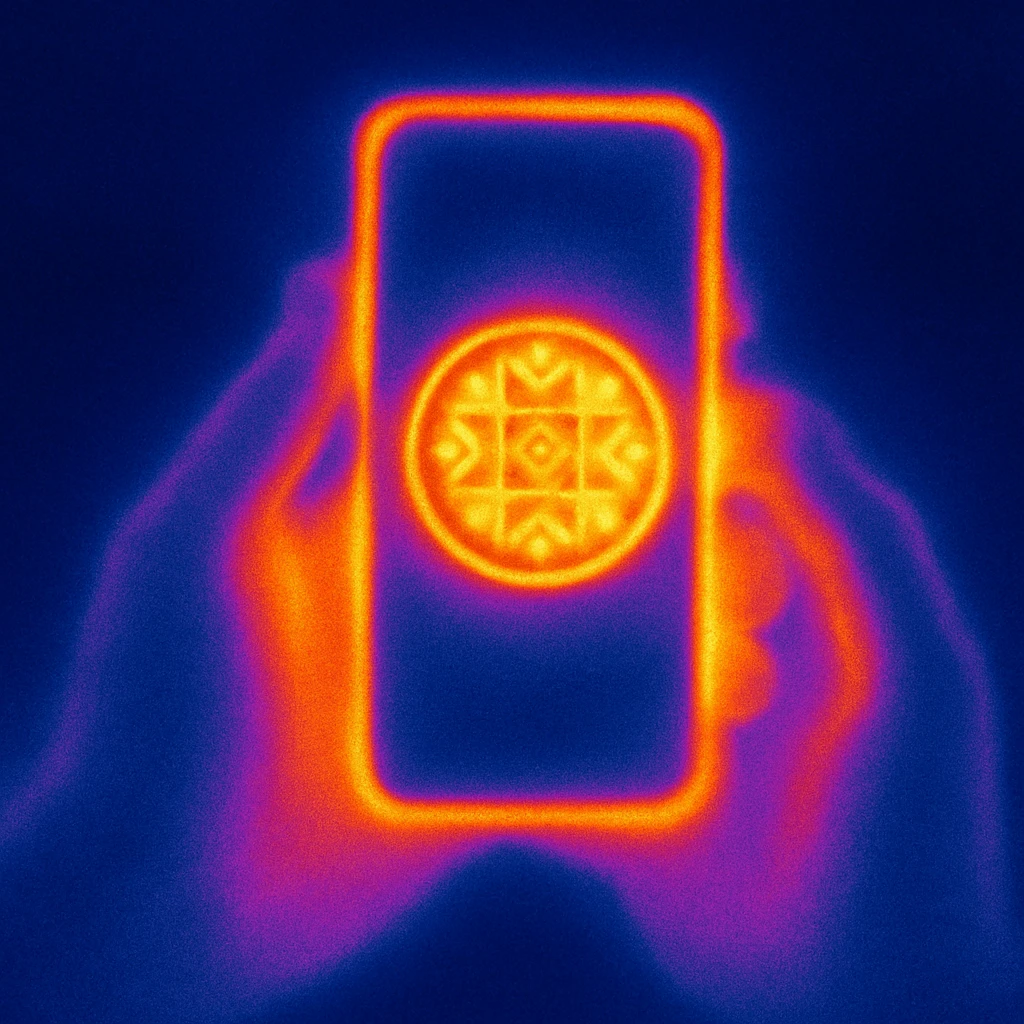 Can you please render an image of a digital artwork with a dreamy, cosmic aesthetic. It shows two beautiful feminine stylized hands left and right (in purples and pinks) seemingly holding or manipulating a floating phone with a dark screen and with its borders glowing and has a glowing small circle logo that’s attached in the image and that radiates warm colors—yellow, orange, and magenta. Make the image 3D and look more like an artistic glassmorphism type. Make the image look HD and quality  emoji