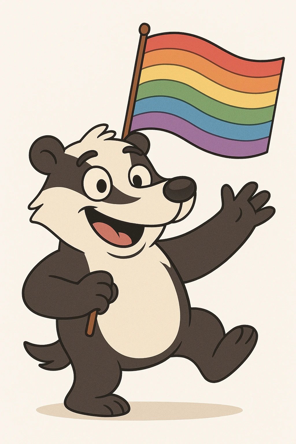 cartoon badger holding a rainbow flag, cheerful, white background emoji